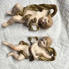 Vtg Mid Century Bisque Porcelain Cherub Angel Wall Plaques Pair Gold Wings MINT picture