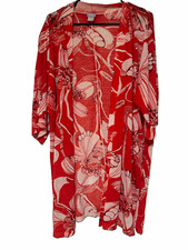 Chico's Women's Red White Floral Knit Open Front Kimono Cardigan 3/4 Sleeve 2 picture
