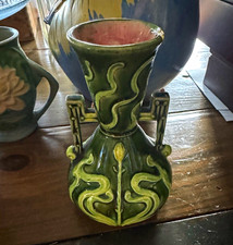 Julius Dressler Art Nouveau Pottery Ceramic Vase w/ Handles Green/Yellow Glaze picture