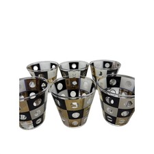 Vintage MCM Black Gold Checkerboard Polka Dot Rocks Glasses Set of 6 picture