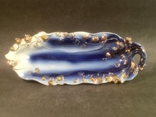 Antique Cobalt Blue and Gold Porcelain Lily of the Valley Celery Dish c.1800's picture