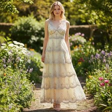 VTG Stenay Petite Champagne Beaded Tiered Rare Y2K Formal/Wedding Dress 8P picture
