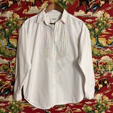 Esprit Sport Button Up Women Medium White Excellent Vintage 80s Rainbow Stitch picture