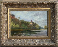 Vintage Impressionist Oil Painting Nature Lake Trees Sky Landscape Framed picture