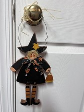 Vintage Hand Painted Witch Shelf Sitter Halloween Folk Art Whimsy Wood hanger picture