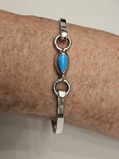 Vintage Taxco Sterling Silver Bangle Bracelet Turquoise Teardrop Stone 925 picture