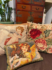 3 Vintage Needlepoint Petite Point Throw Pillow Cherub Angel Floral Coordinating picture
