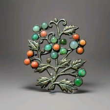 Antique 800 Silver Coral Jade Floral Brooch Art Noveau Botanical Berry Pin 14 g picture