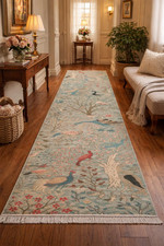 Hand Knotted Wool Bird Runner Rug Blue Botanical Floral Hallway Carpet Handmade picture