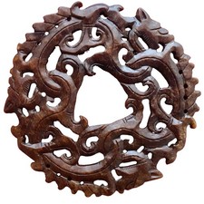 Vintage Chinese Carved Brown Jade Han Dynasty Style Bi Disc Double Dragon Plaque picture