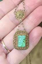 Antique Qing Dynasty Carved Natural Jadeite Solid Silver Gold Filigree Necklace picture