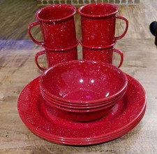 12pc Red Speckled Enamelware Dinnerware Set 4 Plates 4 Bowls 4 Mugs Camping picture