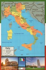 Map of Italy, Flag, The Colosseum, Rome, Tower of Pisa etc. ---  Modern Postcard picture
