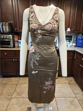 💥STUNNING MANDALAY Evening COCKTAIL DRESS Embellished Silk OLIVE 6  picture
