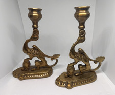Vintage Brass Griffin Dragon Candlesticks Pair Gothic Ornate Candle Holders picture