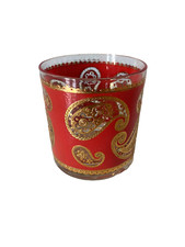 MCM Vintage Culver Red and 22k Gold Paisley Lowball Glass Retro Barware picture