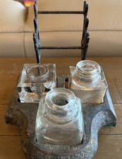 Antique  Victorian Eastlake Style Triple Inkwell w/ Pen Holders picture