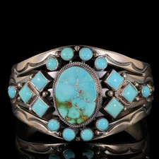 Authentic estate Aaron Toadlena sterling nat. turquoise Navajo cuff bracelet picture
