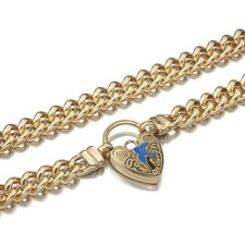 18K GL Solid Curb Chain Yellow Gold Necklace Vintage Blue Bird Heart Padlock picture