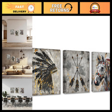 Native American Wall Art Canvas Prints - 3 Piece Tribal Chief Feather Decor (12x picture
