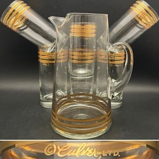Culver 2-Tone Gold Stripe 7pc Tom Collins Cocktail Pitcher & Glasses Made in USA picture