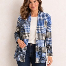Talbots Pure Merino Wool Cardigan XL Blue Houndstooth Paisley Open Front Sweater picture