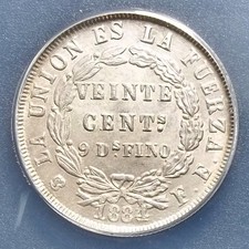 BOLIVIA - 20 CENTAVOS - 1884/3 OVERDATE - UNIQUE? - ANACS AU58 - KM# 159.1 picture