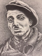Original Stipple Portrait Drawing Man w/ Beret Student Art Study Realism Practic picture