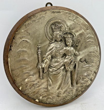 Antique italian religious low relief early 1900's metal on wood signed picture