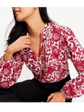Ann Taylor LOFT Floral Paisley Split V-Neck Peasant Blouse Red Large picture