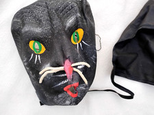 VINTAGE 1950s FULL ADULT BLACK CAT HALLOWEEN COSTUME COMPLETE GAUZE MASK BUCKRAM picture