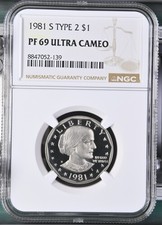 1981 S $1 Type 2 NGC PF69 Ultra Cameo Proof Susan B. Anthony Dollar SBA Flat S picture