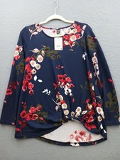 Lildy Women's Top S-M Navy Floral Knit Knot Front Long Sleeve Tunic Casual NWT picture