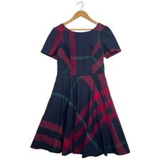 ModCloth Dress Womens 8 Blue Plaid Fit Flare Short Sleeve Preppy Retro Pinup picture