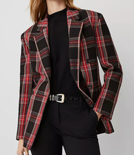 NWT ANN TAYLOR BLACK RED PLAID RELAXED DOUBLE BREASTED BLAZER JACKET SZ 12 picture