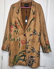 NWT Beulah Style Mid Length Faux Suede Blazer Painted Nature Botanical Size Med picture