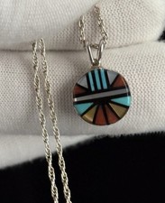 Authentic VTG Signed Zuni Morris & Sadie Laahty Inlay Mini Mosaic SS Necklace picture