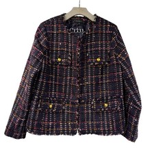 Talbots Purple Tweed Plaid Jacket 14 Gold Buttons Metallic Plus Size Blazer picture