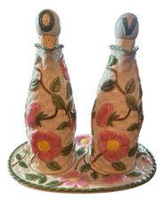 Vtg NEW Franciscan Desert Rose Oil & Vinegar Cruet Set Underplate Stoppers 3 Pc picture