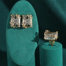 Vintage Clear Glass Square Earrings Ring Set Retro Luxury Statement Jewellery picture