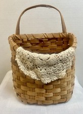 Vintage Wicker Wall Basket Hanging Pocket w Doily Cottagecore Decor Country 10” picture