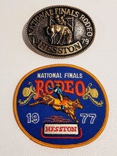 VTG HESSTON 1979 BRASS NAT'L FINALS RODEO AND 1977 UNUSED IRON-ON PATCH picture
