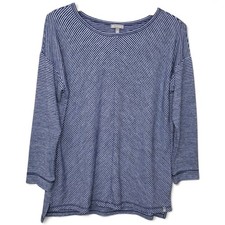 T by Talbots Top Womens Medium Blue White Diagonal Stripe 3/4 Sleeve Athleisure picture