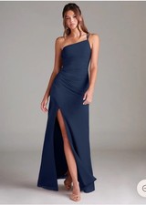 NWT Azazie Bridesmaid Dress Dark Navy  Karina A-Line Pleated Chiffon Size A4 picture
