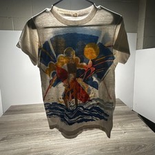 True Vintage 80s Surf Shirt Mens Medium White Graphic Beach Paper Thin Faded USA picture