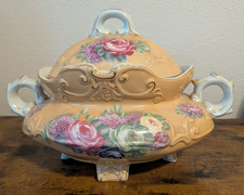 Antique Nippon Porcelain Covered Tureen Hand Painted Roses Gold Footed Large picture