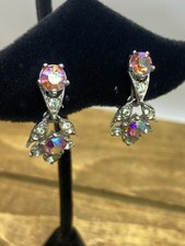 Vintage 1950s Bogoff Signed Pink AB Rhinestone Silver Tone Clip On Earrings 1” picture