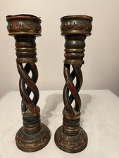 Pair 12.5” Wood Candlesticks Brass Accents Vintage Style Twisted Columns picture