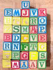 36 Vintage Wooden Alphabet Blocks ABC Letters Numbers Pictures Colorful Toy Lot picture