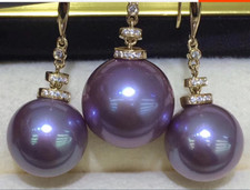SET SOUTH SEA PURPLE LAVENDER PERFECT ROUND PEARL PENDANT -15MM EARRING -12MM picture
